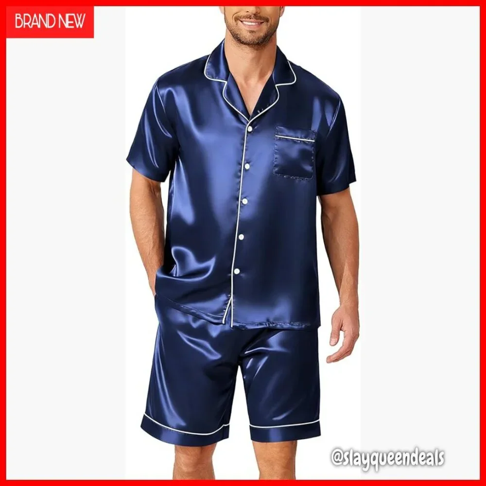 Men's Silk Satin Pajama Set Short Sleeve Button Down with Pockets